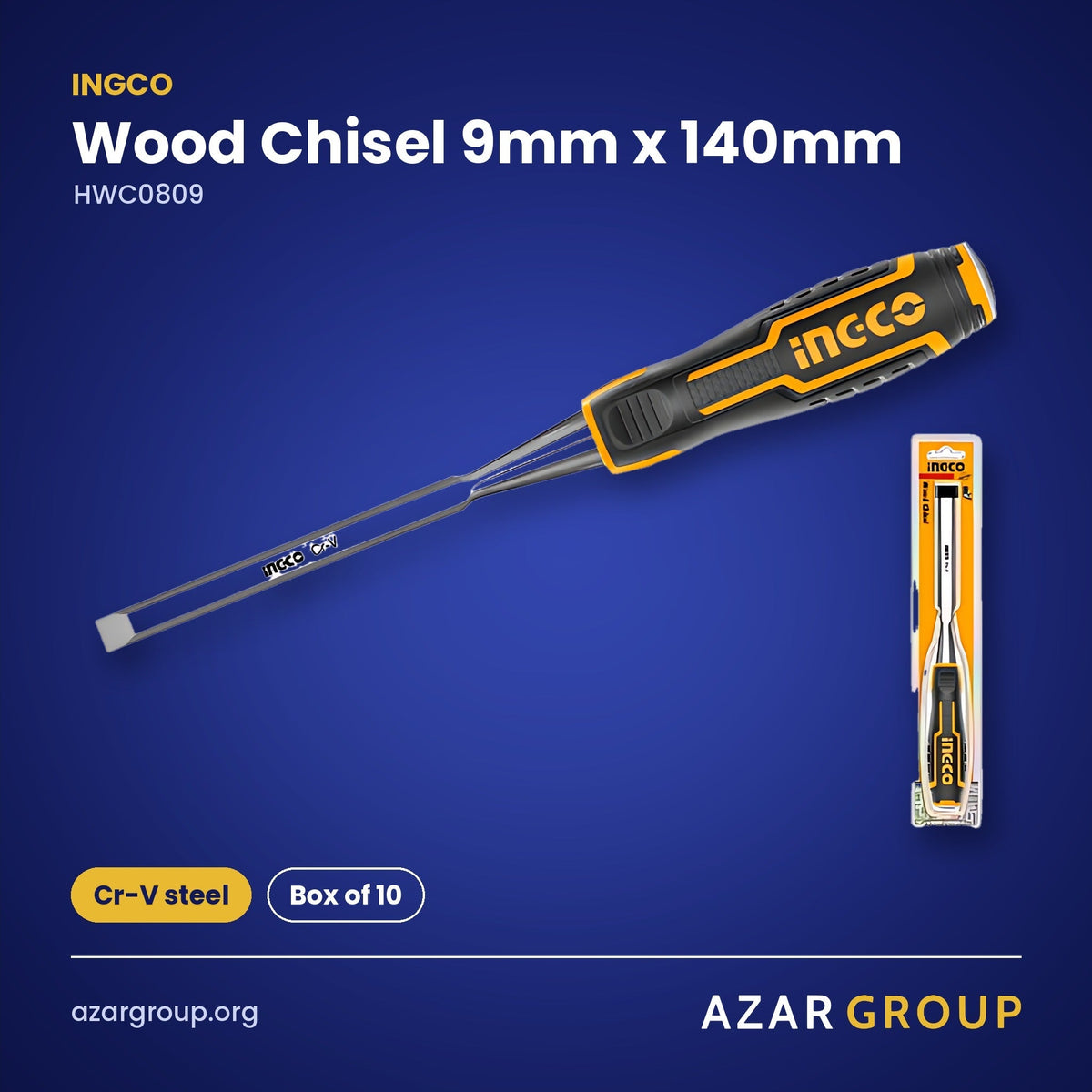 INGCO HWC0809 Wood Chisel 9mm x 140mm – Cr-V steel, Box of 10