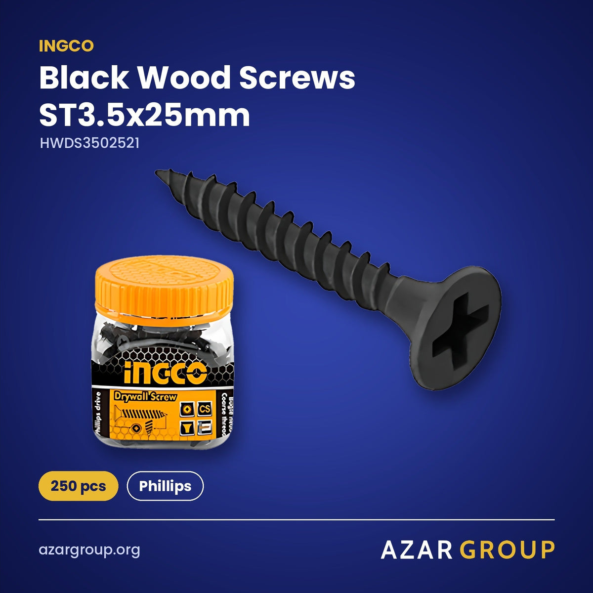 INGCO HWDS3502521 Black Wood Screws ST3.5x25mm – 250 pcs, Phillips