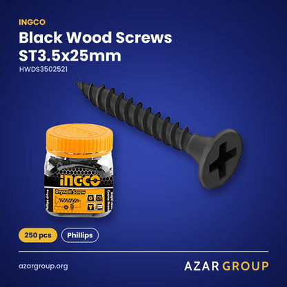 INGCO HWDS3502521 Black Wood Screws ST3.5x25mm – 250 pcs, Phillips