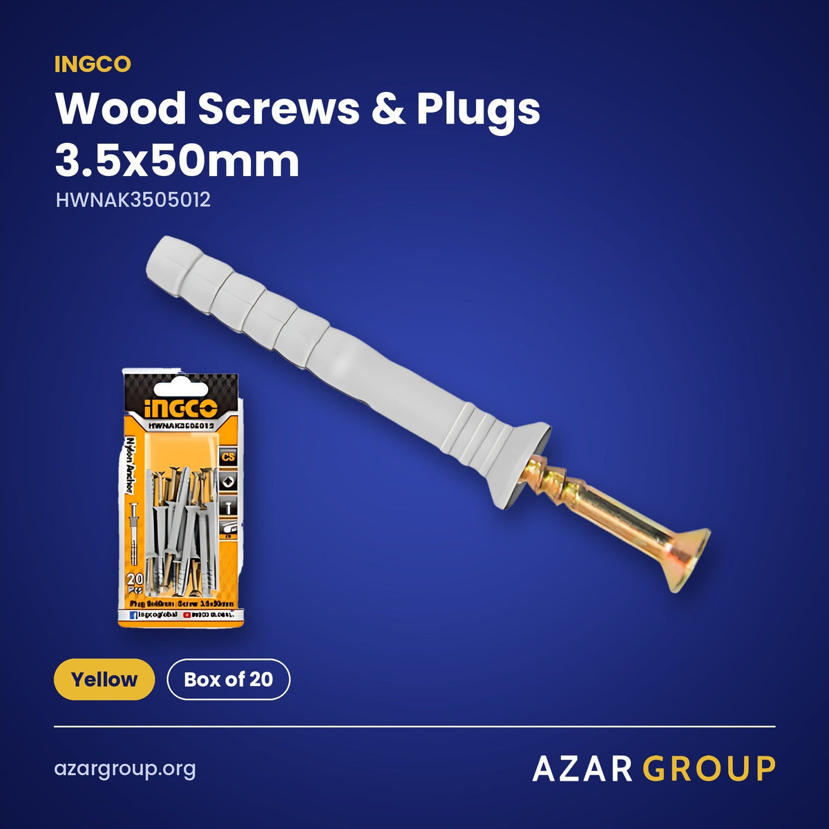 INGCO HWNAK3505012 Wood Screws & Plugs 3.5x50mm – Yellow, Box of 20
