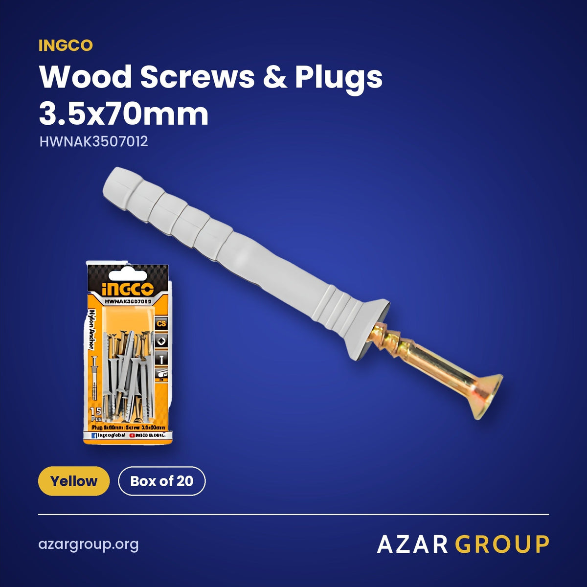 INGCO HWNAK3507012 Wood Screws & Plugs 3.5x70mm – Yellow, Box of 20