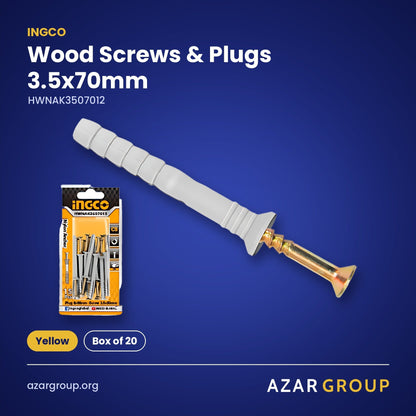 INGCO HWNAK3507012 Wood Screws & Plugs 3.5x70mm – Yellow, Box of 20