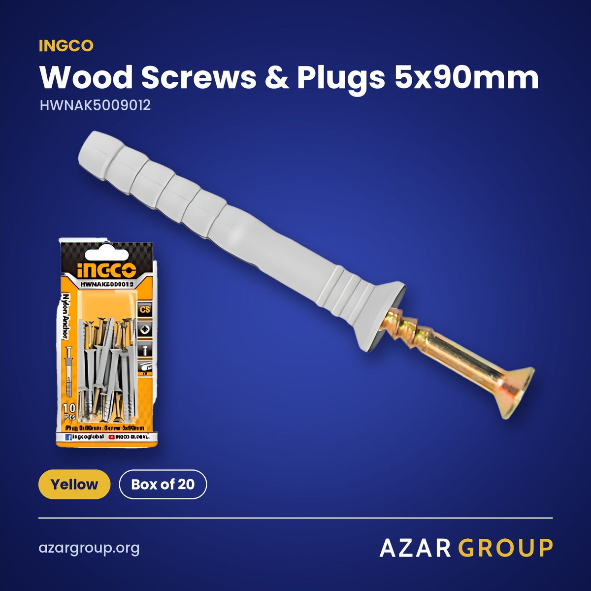 INGCO HWNAK5009012 Wood Screws & Plugs 5x90mm – Yellow, Box of 20