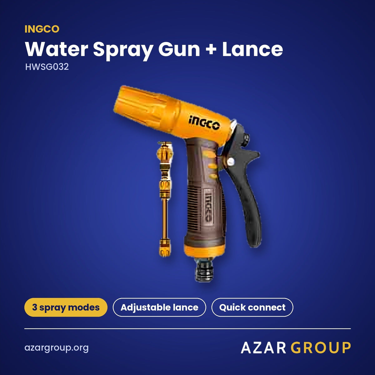 INGCO HWSG032 Water Spray Gun + Lance – 3 spray modes, Adjustable lance, Quick connect