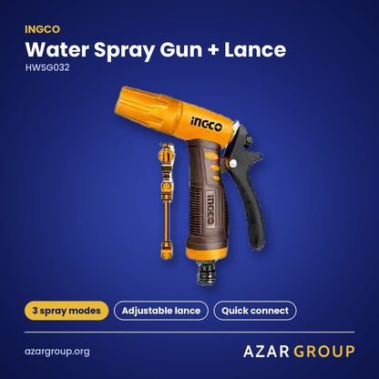 INGCO HWSG032 Water Spray Gun + Lance – 3 spray modes, Adjustable lance, Quick connect