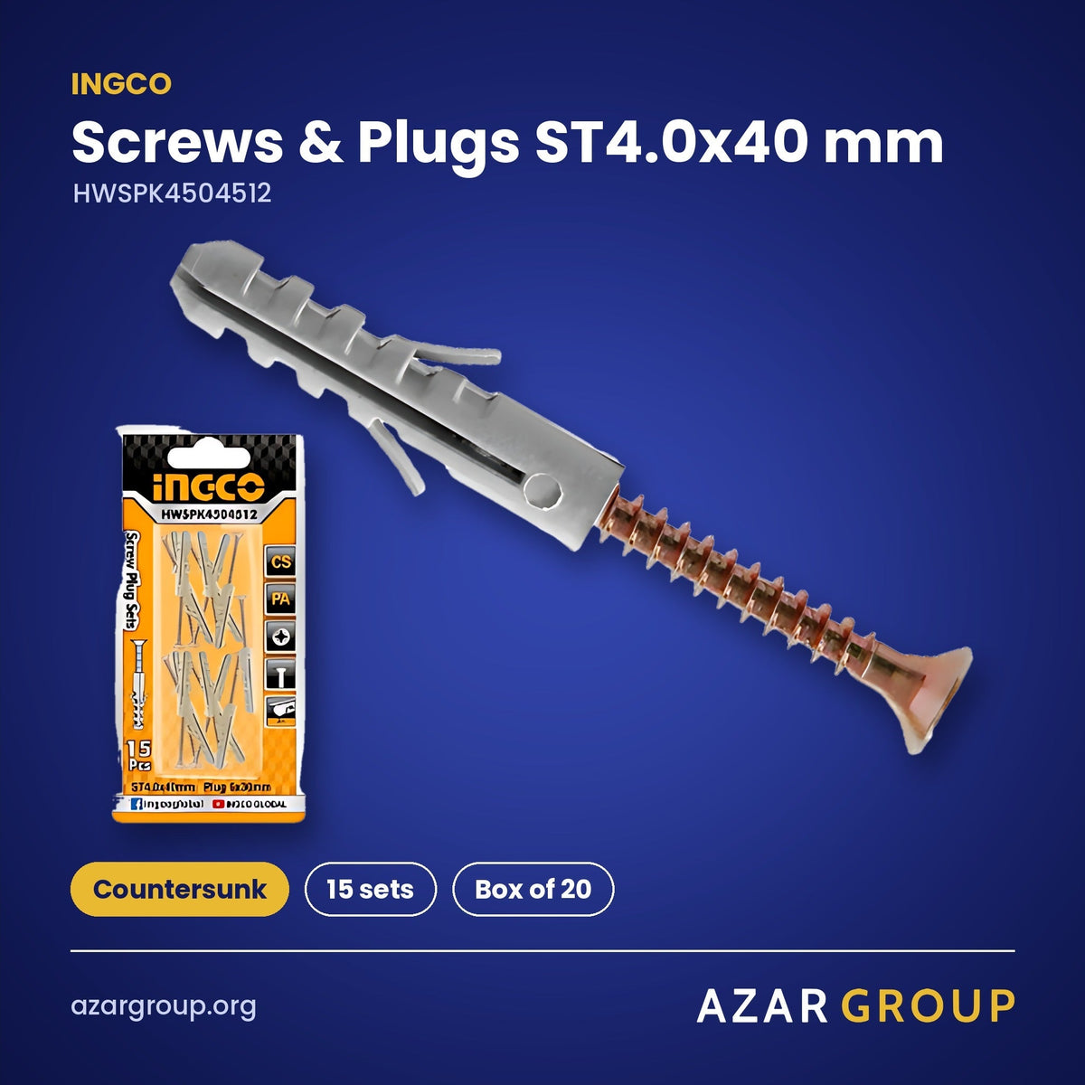 INGCO HWSPK4504512 Screws & Plugs ST4.0x40 mm – Countersunk, 15 sets, Box of 20
