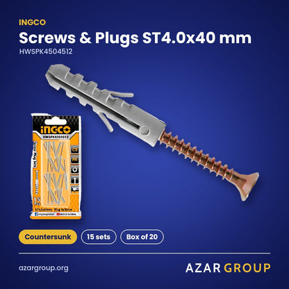 INGCO HWSPK4504512 Screws & Plugs ST4.0x40 mm – Countersunk, 15 sets, Box of 20