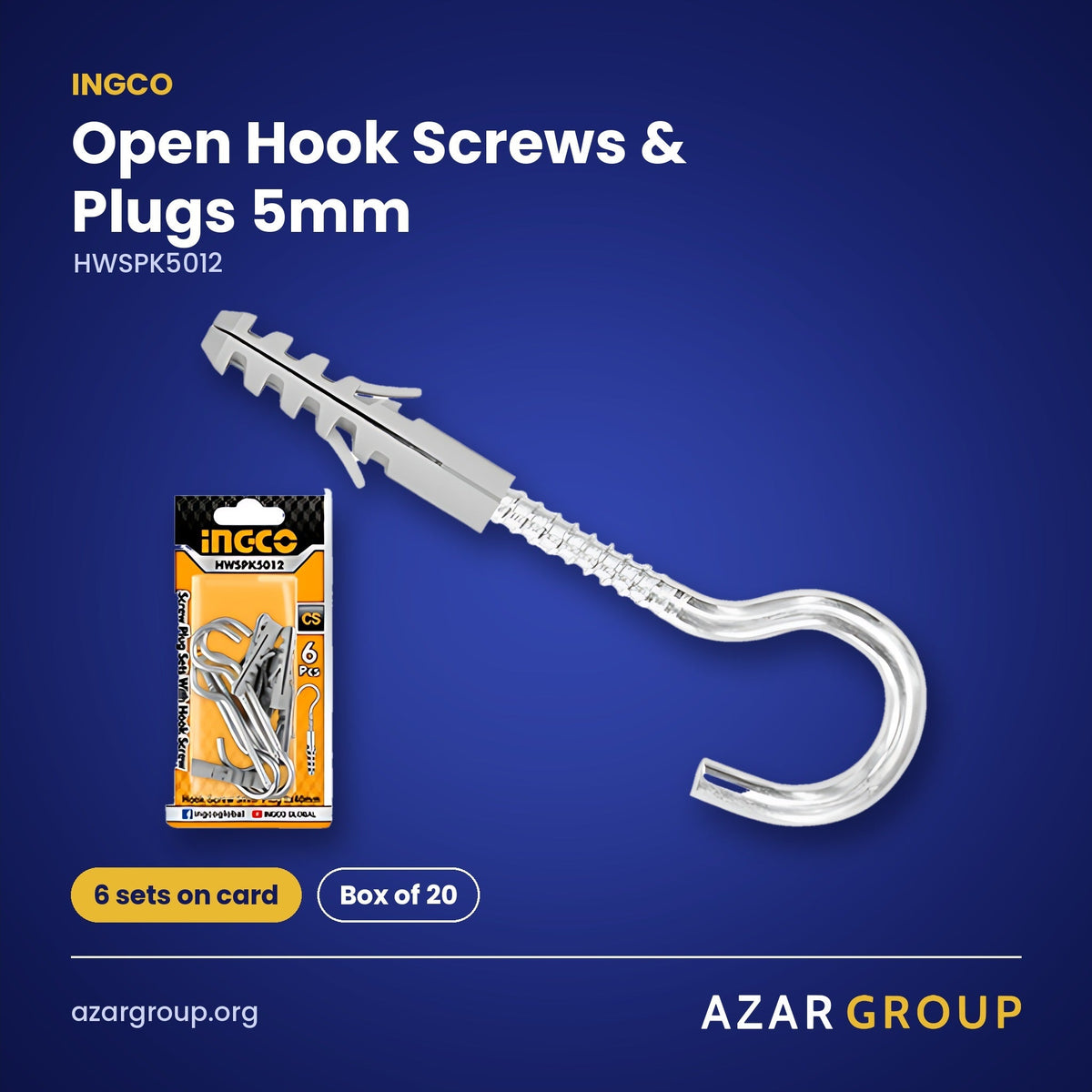 INGCO HWSPK5012 Open Hook Screws & Plugs 5mm – 6 sets on card, Box of 20