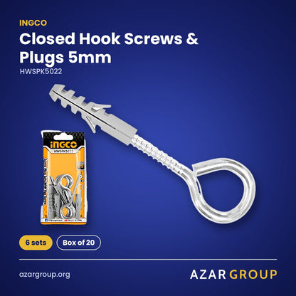 INGCO HWSPK5022 Closed Hook Screws & Plugs 5mm – 6 sets, Box of 20