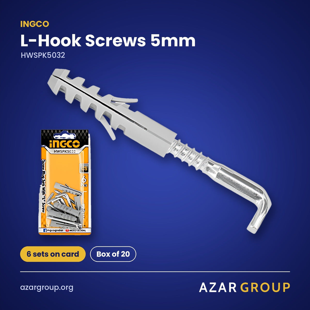 INGCO HWSPK5032 L-Hook Screws 5mm – 6 sets on card, Box of 20