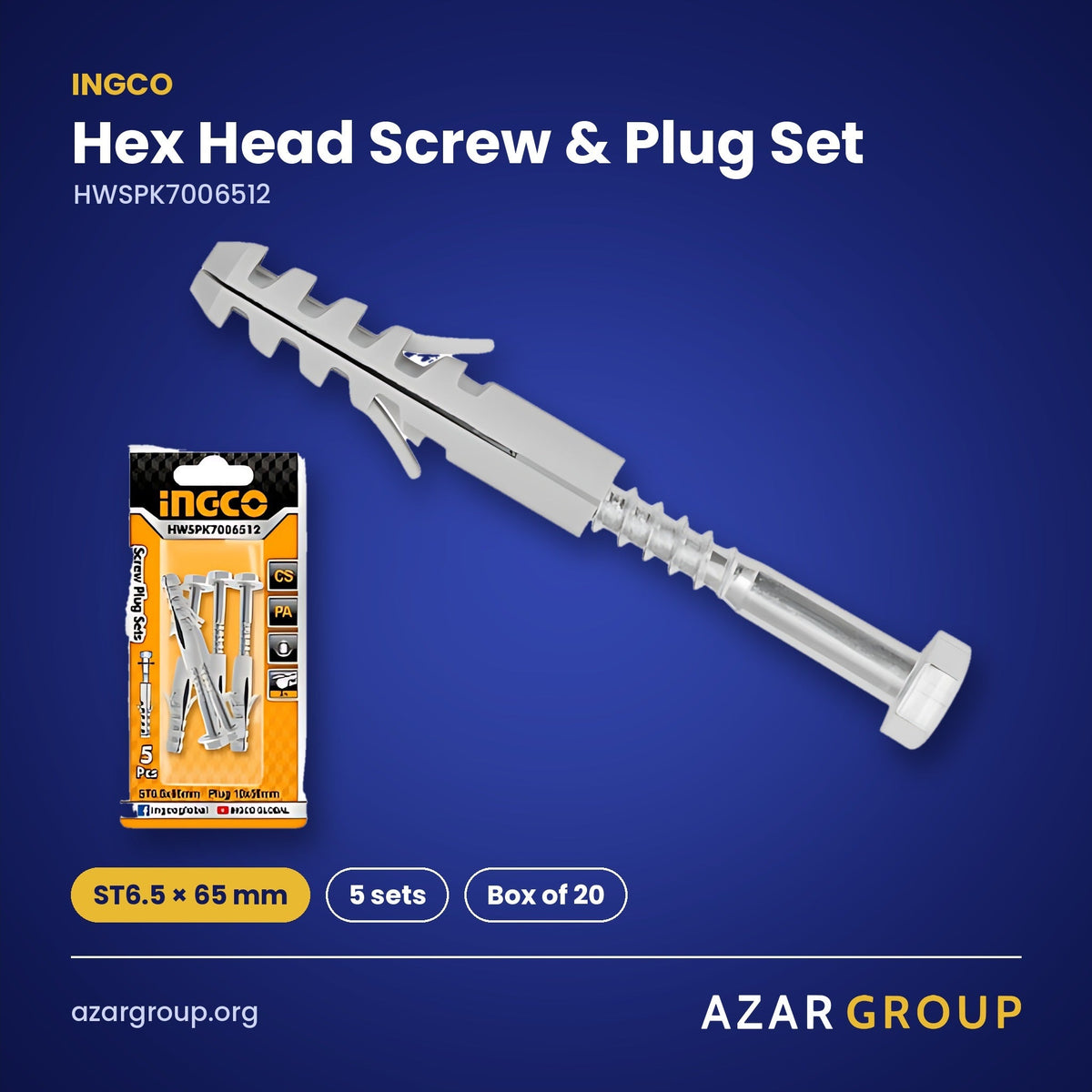 INGCO HWSPK7006512 Hex Head Screw & Plug Set – ST6.5 × 65 mm, 5 sets, Box of 20