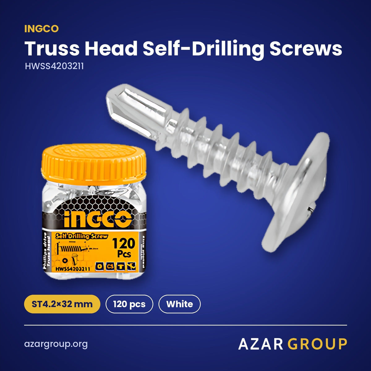 INGCO HWSS4203211 Truss Head Self-Drilling Screws – ST4.2×32 mm, 120 pcs, White