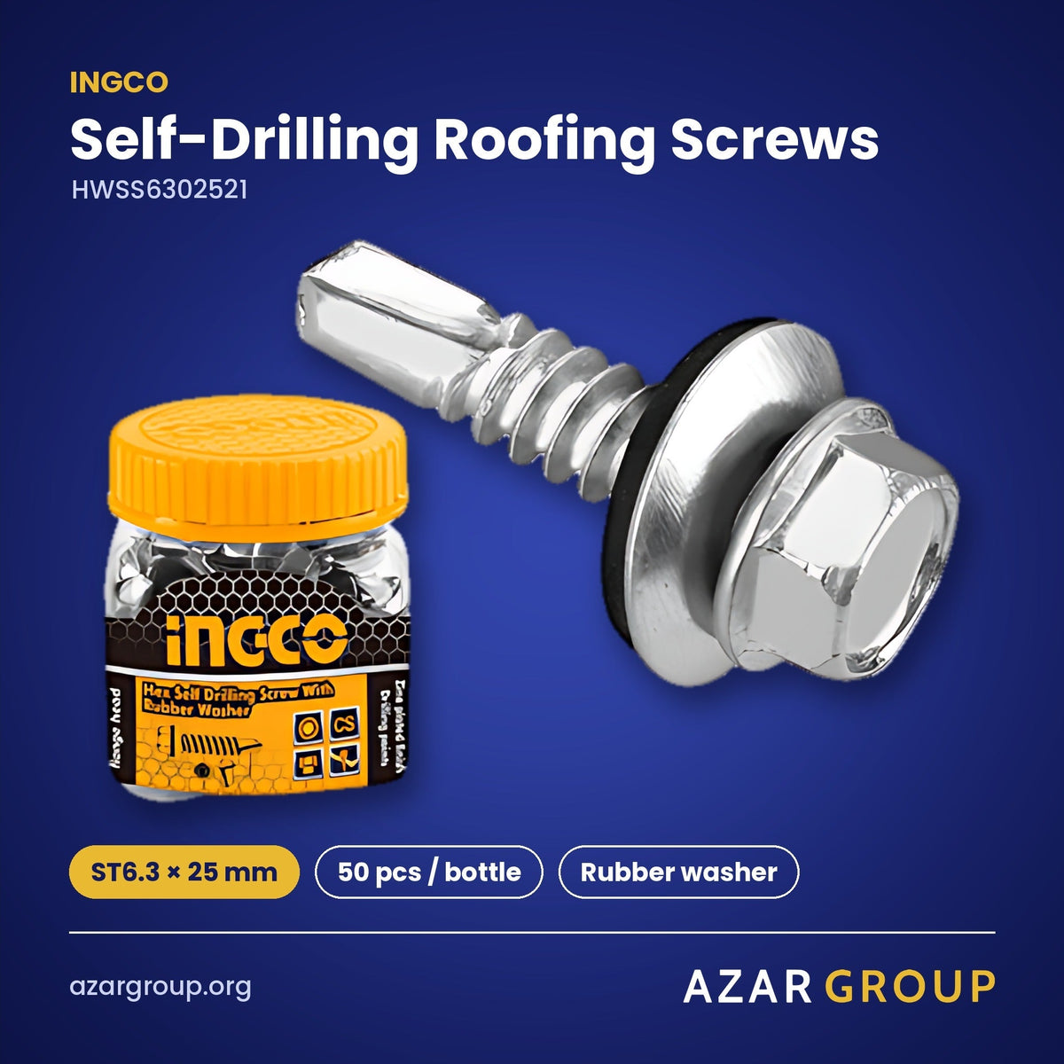 INGCO HWSS6302521 Self-Drilling Roofing Screws – ST6.3 × 25 mm, 50 pcs / bottle, Rubber washer