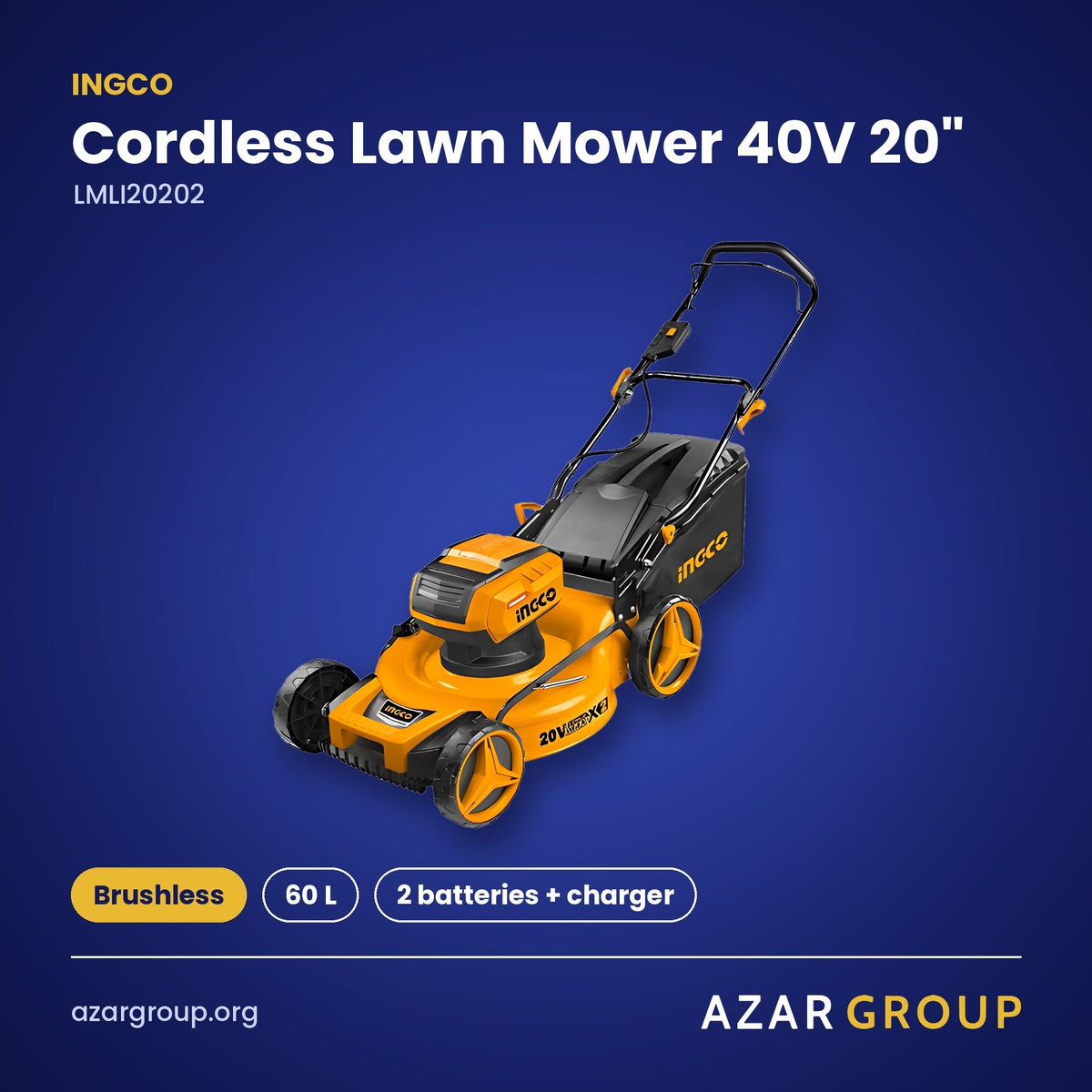 INGCO LMLI20202 Cordless Lawn Mower 40V 20" – Brushless, 60 L, 2 batteries + charger