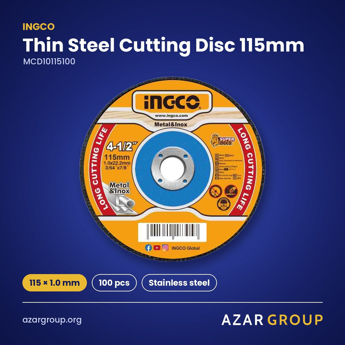 INGCO MCD10115100 Thin Steel Cutting Disc 115mm – 115 × 1.0 mm, 100 pcs, Stainless steel