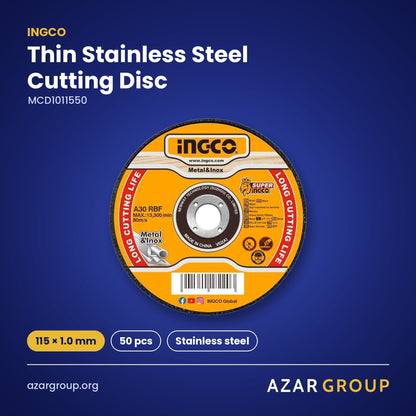INGCO MCD1011550 Thin Stainless Steel Cutting Disc – 115 × 1.0 mm, 50 pcs, Stainless steel