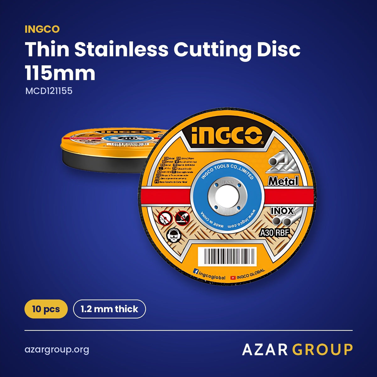 INGCO MCD121155 Thin Stainless Cutting Disc 115mm – 10 pcs, 1.2 mm thick