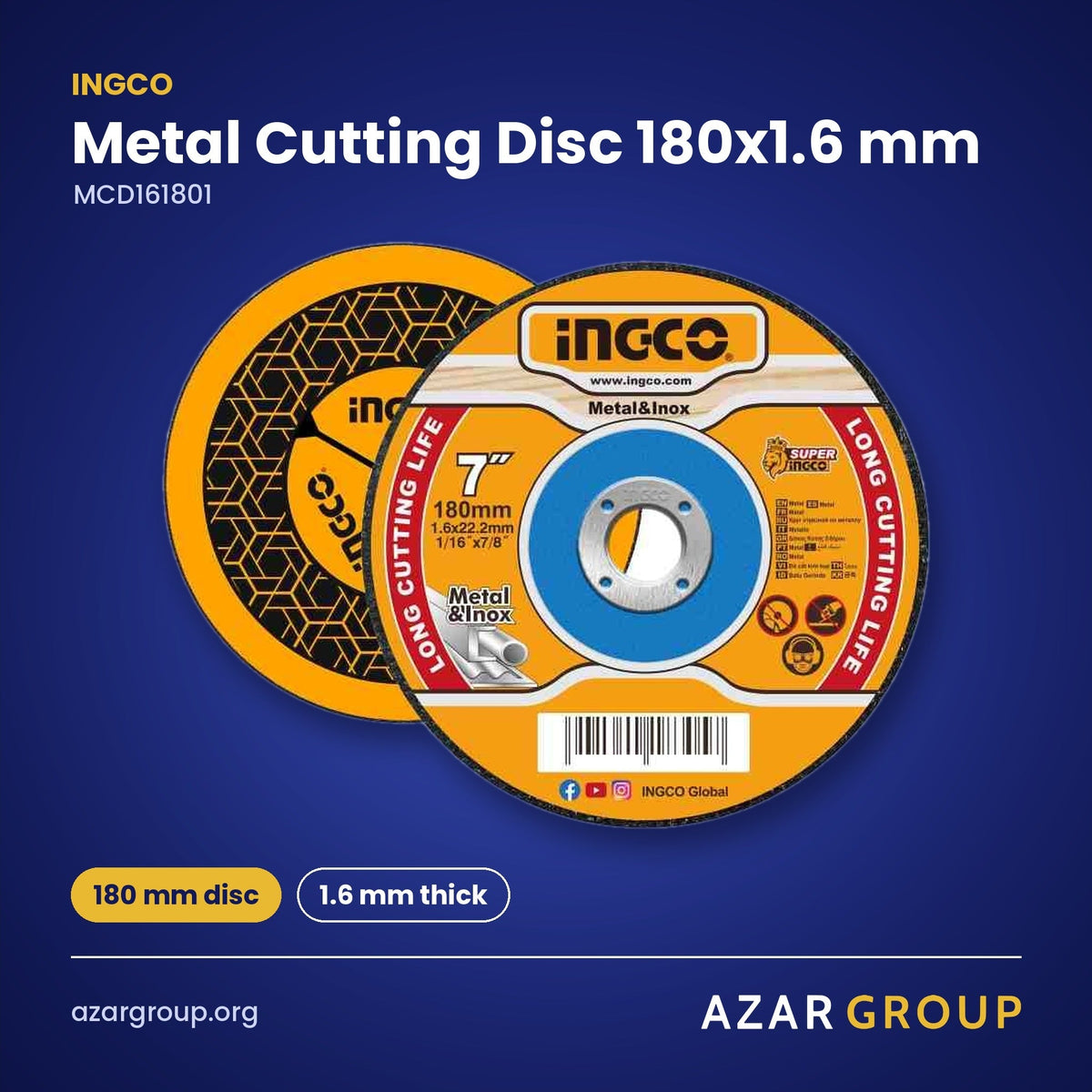 INGCO MCD161801 Metal Cutting Disc 180x1.6 mm – 180 mm disc, 1.6 mm thick