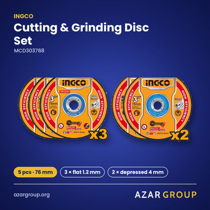 INGCO MCD303768 Cutting & Grinding Disc Set – 5 pcs · 76 mm, 3 × flat 1.2 mm, 2 × depressed 4 mm
