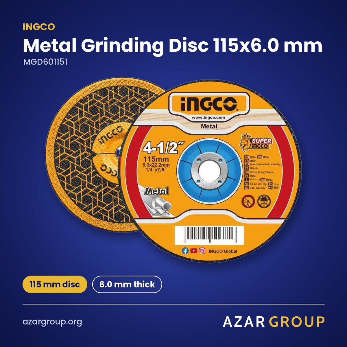 INGCO MGD601151 Metal Grinding Disc 115x6.0 mm – 115 mm disc, 6.0 mm thick