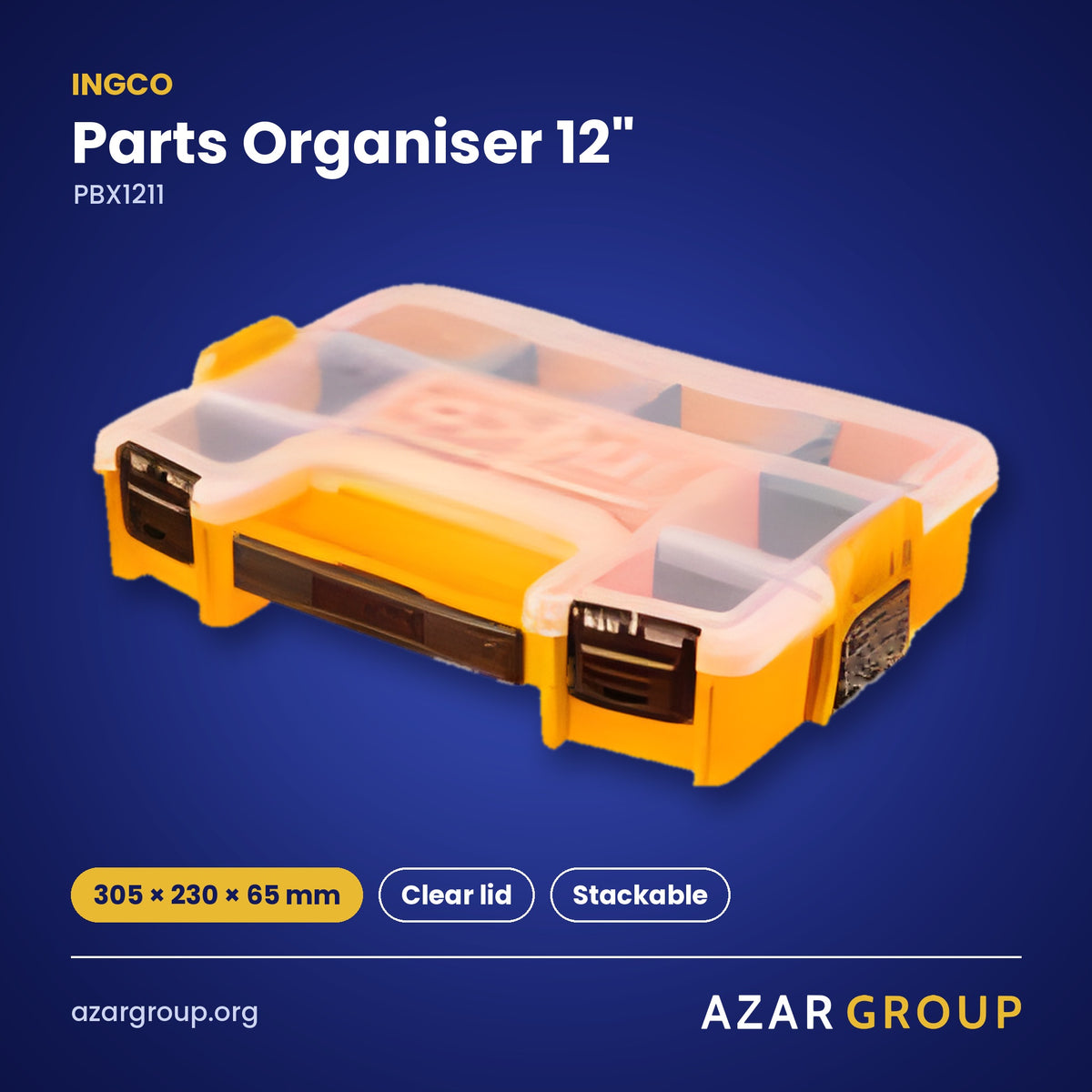 INGCO PBX1211 Parts Organiser 12″ – 305 × 230 × 65 mm, Clear lid, Stackable