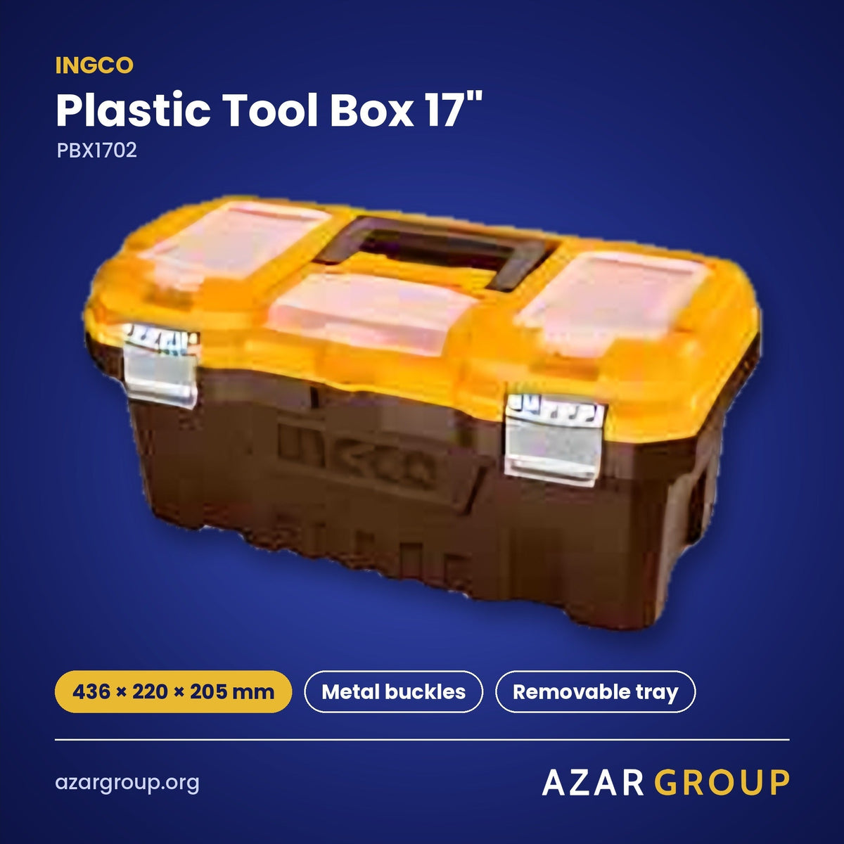 INGCO PBX1702 Plastic Tool Box 17" – 436 × 220 × 205 mm, Metal buckles, Removable tray