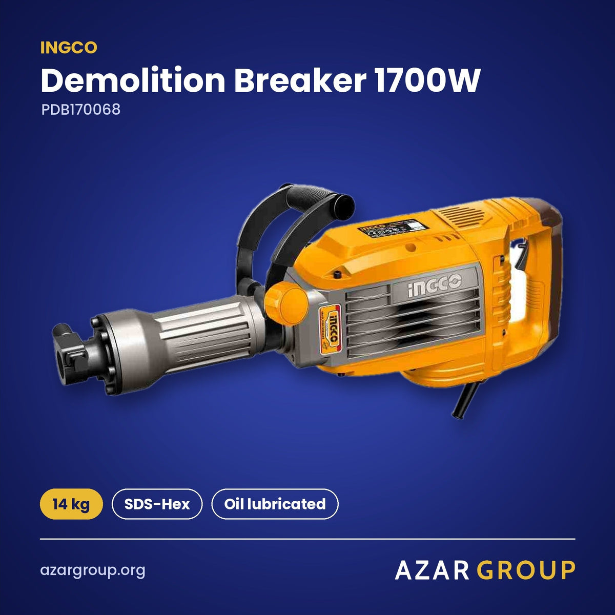 INGCO PDB170068 Demolition Breaker 1700W – 14 kg, SDS-Hex, Oil lubricated