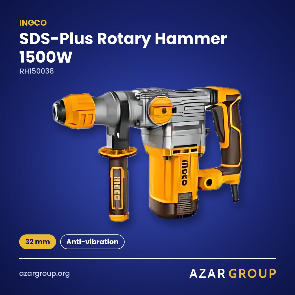 INGCO RH150038 SDS-Plus Rotary Hammer 1500W – 32 mm, Anti-vibration