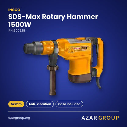 INGCO RH1500528 SDS-Max Rotary Hammer 1500W – 52 mm, Anti-vibration, Case included