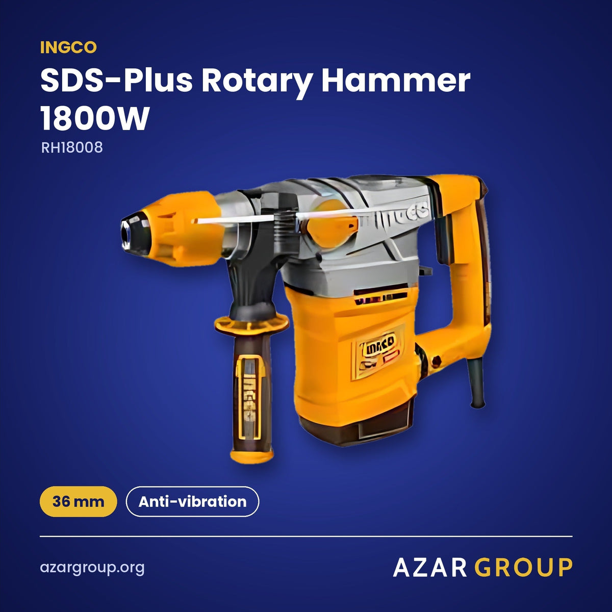 INGCO RH18008 SDS-Plus Rotary Hammer 1800W – 36 mm, Anti-vibration