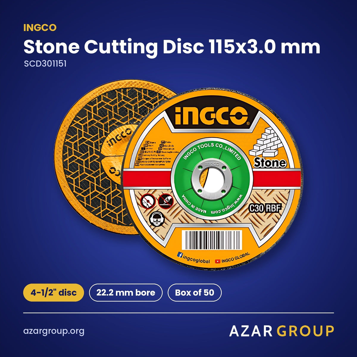 INGCO SCD301151 Stone Cutting Disc 115x3.0 mm – 4-1/2" disc, 22.2 mm bore, Box of 50
