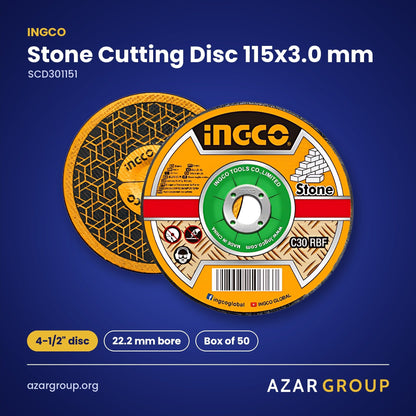 INGCO SCD301151 Stone Cutting Disc 115x3.0 mm – 4-1/2" disc, 22.2 mm bore, Box of 50