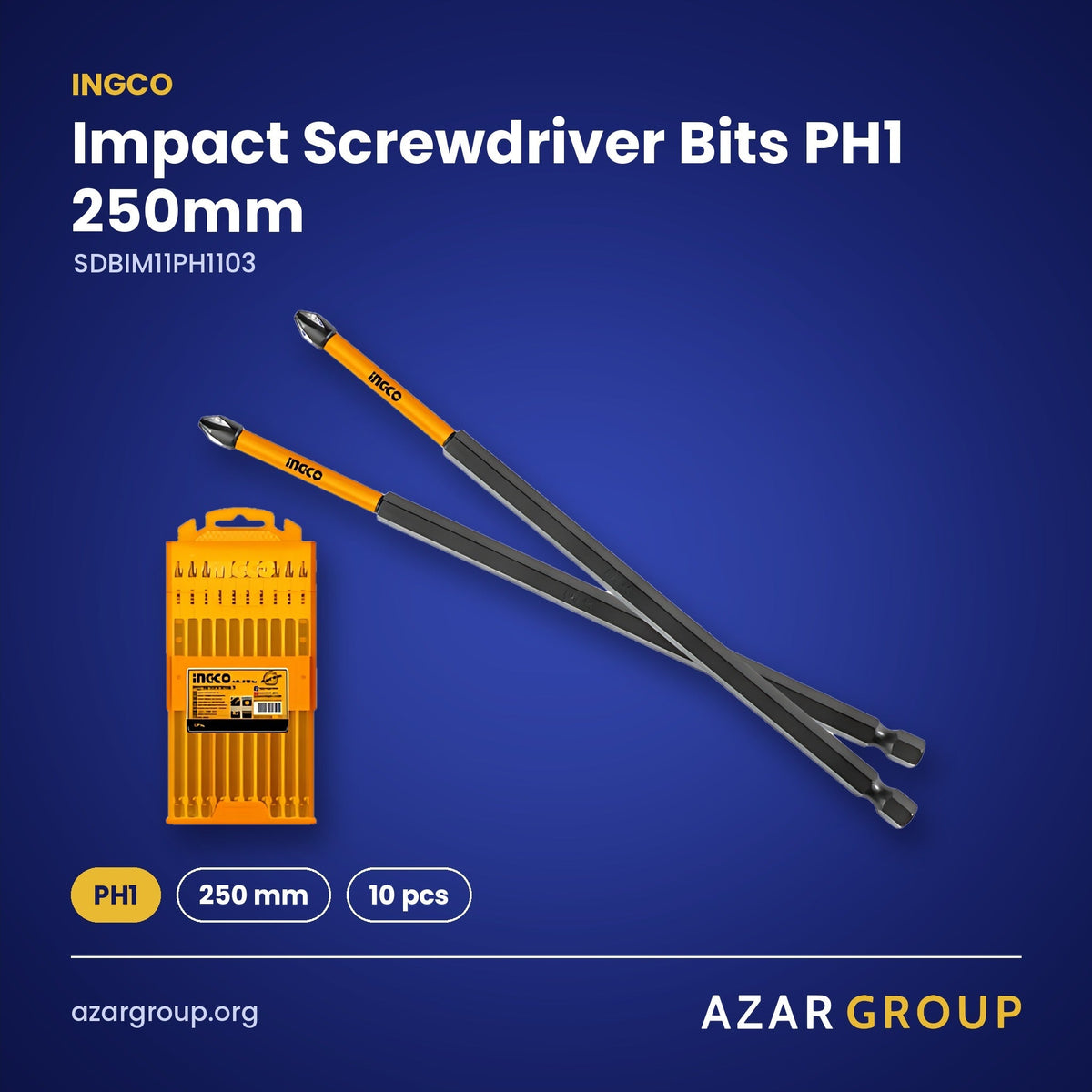 INGCO SDBIM11PH1103 Impact Screwdriver Bits PH1 250mm – PH1, 250 mm, 10 pcs