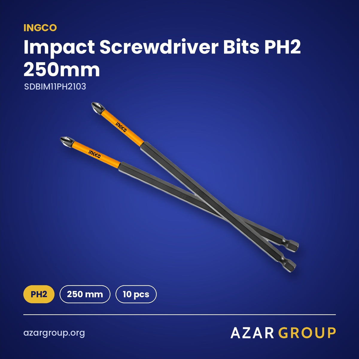 INGCO SDBIM11PH2103 Impact Screwdriver Bits PH2 250mm – PH2, 250 mm, 10 pcs