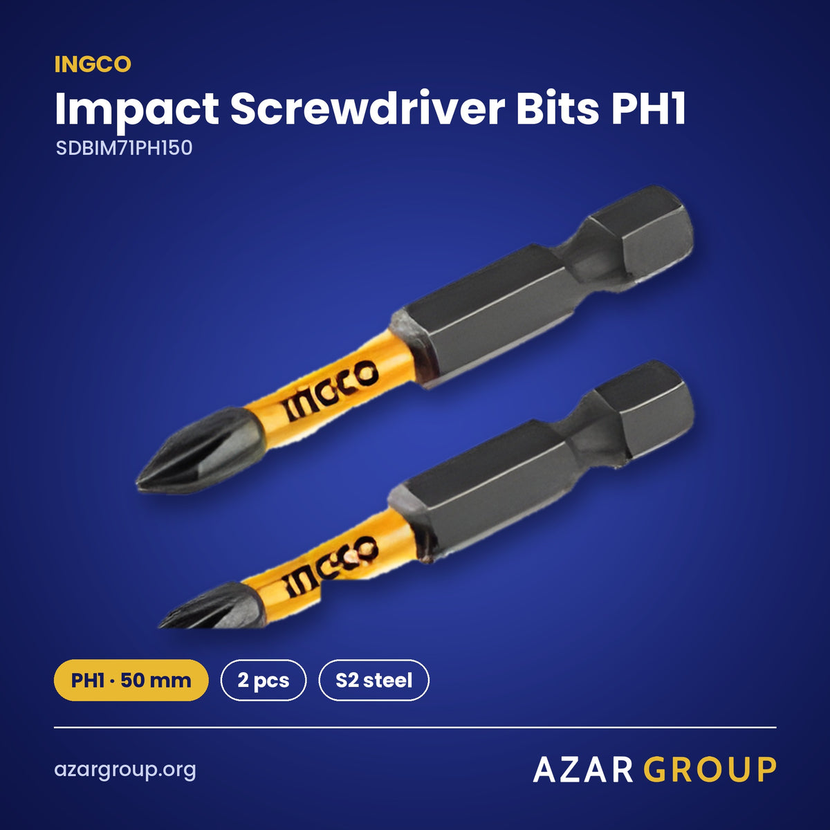 INGCO SDBIM71PH150 Impact Screwdriver Bits PH1 – PH1 · 50 mm, 2 pcs, S2 steel