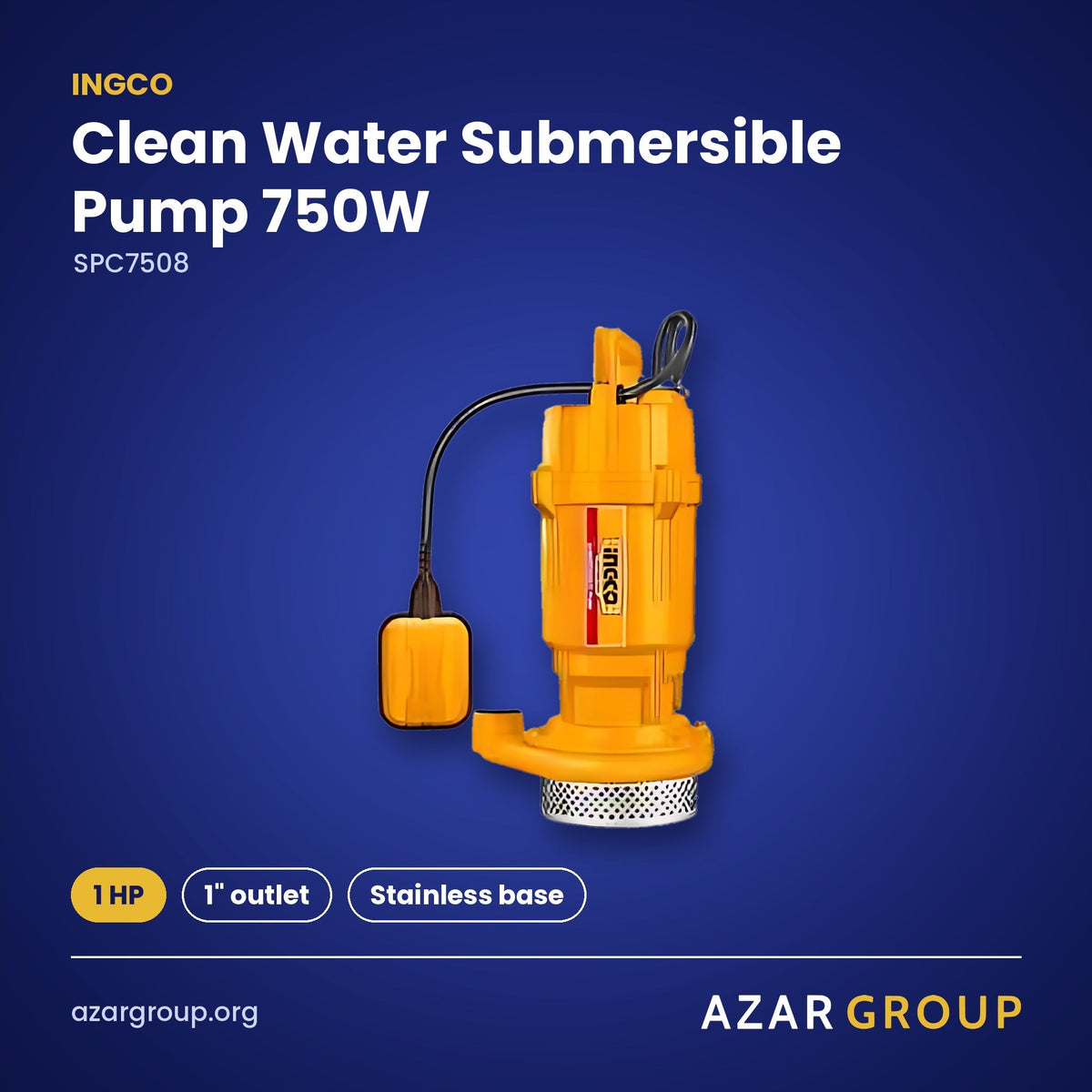 INGCO SPC7508 Clean Water Submersible Pump 750W – 1 HP, 1" outlet, Stainless base