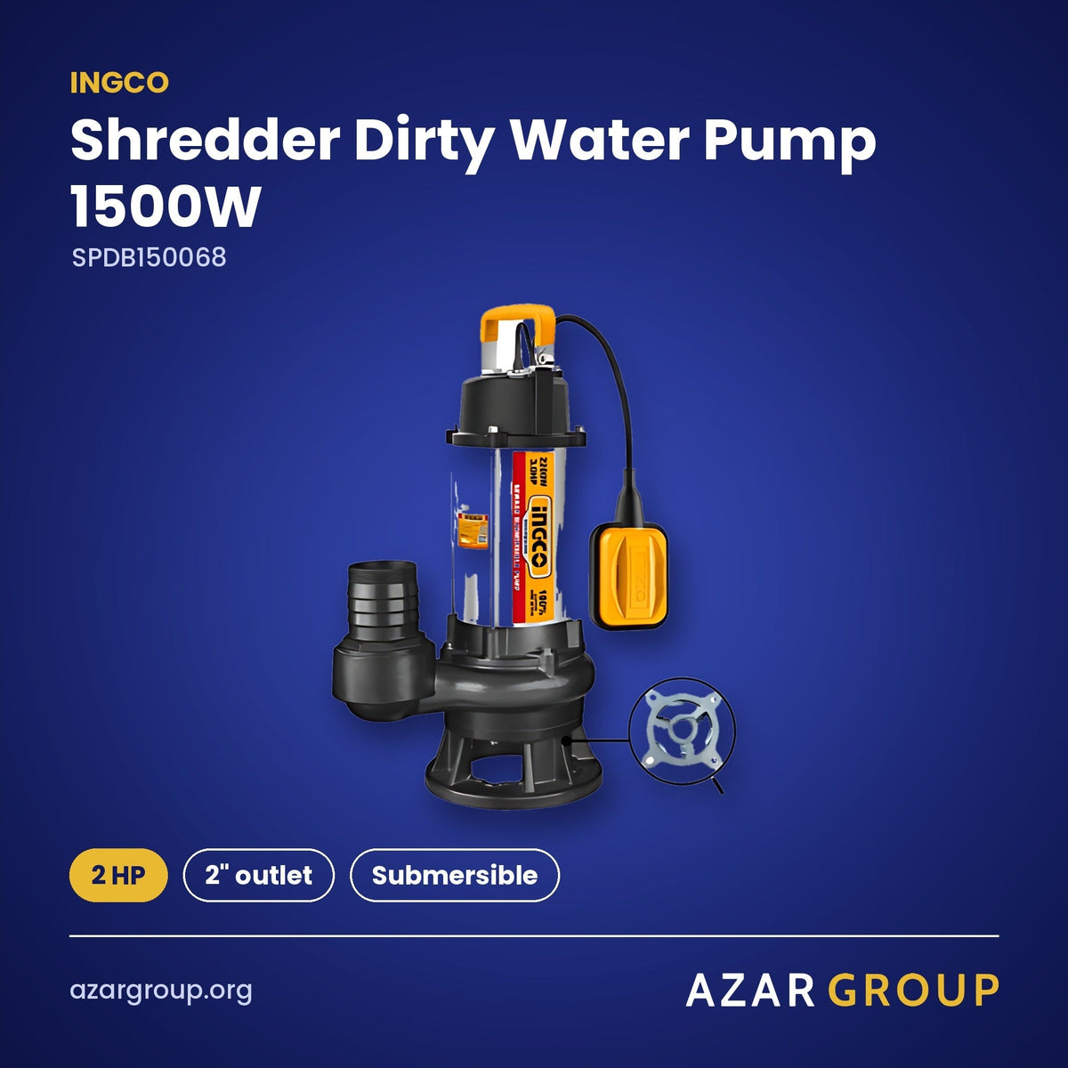 INGCO SPDB150068 Shredder Dirty Water Pump 1500W – 2 HP, 2" outlet, Submersible