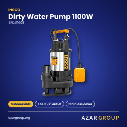 INGCO SPDS11008 Dirty Water Pump 1100W – Submersible, 1.5 HP · 2" outlet, Stainless cover