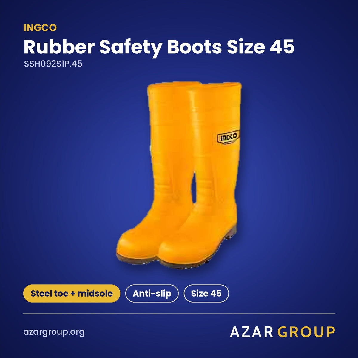 INGCO SSH092S1P.45 Rubber Safety Boots Size 45 – Steel toe + midsole, Anti-slip, Size 45