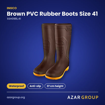 INGCO SSH098L.41 Brown PVC Rubber Boots Size 41 – Waterproof, Anti-slip, 37 cm height
