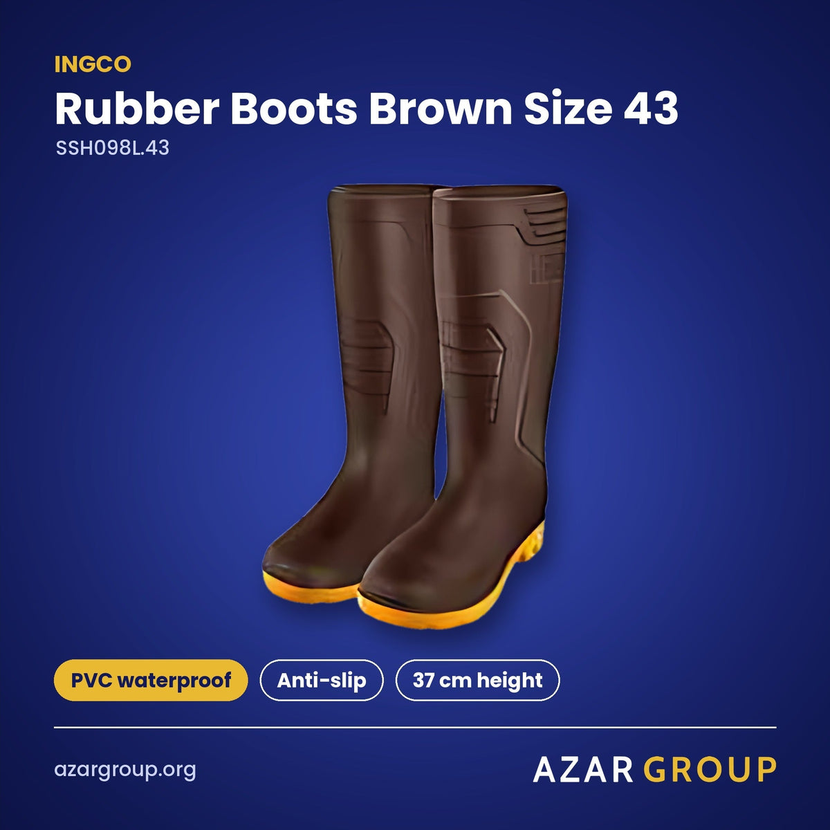 INGCO SSH098L.43 Rubber Boots Brown Size 43 – PVC waterproof, Anti-slip, 37 cm height