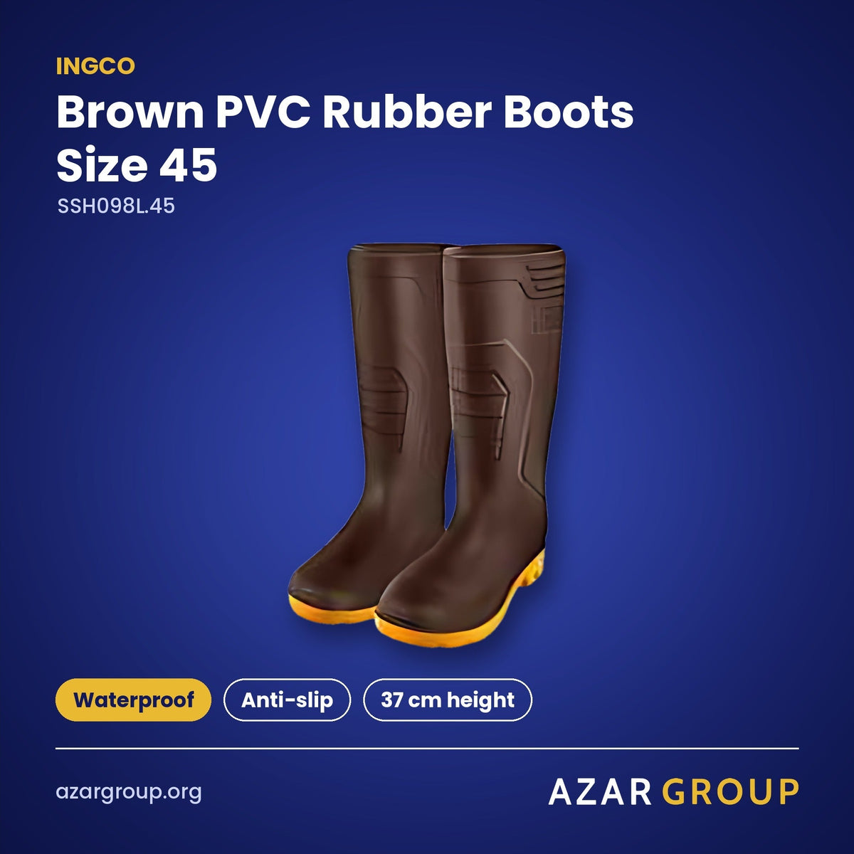 INGCO SSH098L.45 Brown PVC Rubber Boots Size 45 – Waterproof, Anti-slip, 37 cm height