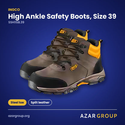 INGCO SSH11SB.39 High Ankle Safety Boots, Size 39 – Steel toe, Split leather