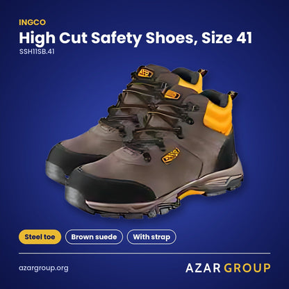 INGCO SSH11SB.41 High Cut Safety Shoes, Size 41 – Steel toe, Brown suede, With strap