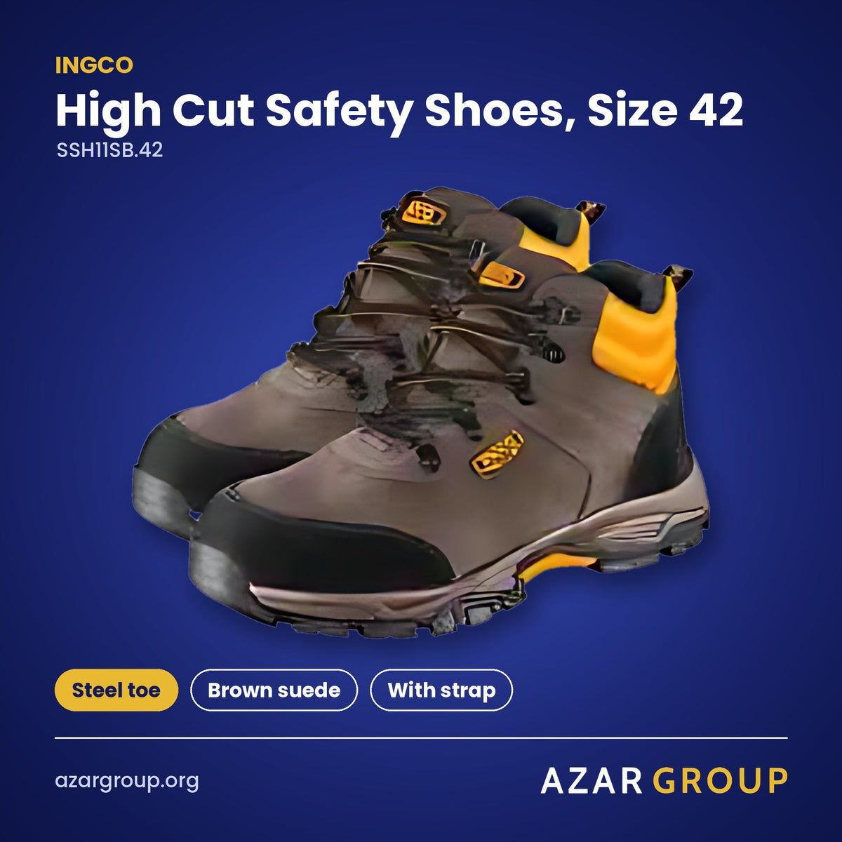 INGCO SSH11SB.42 High Cut Safety Shoes, Size 42 – Steel toe, Brown suede, With strap