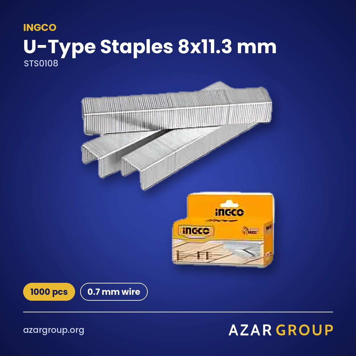 INGCO STS0108 U-Type Staples 8x11.3 mm – 1000 pcs, 0.7 mm wire