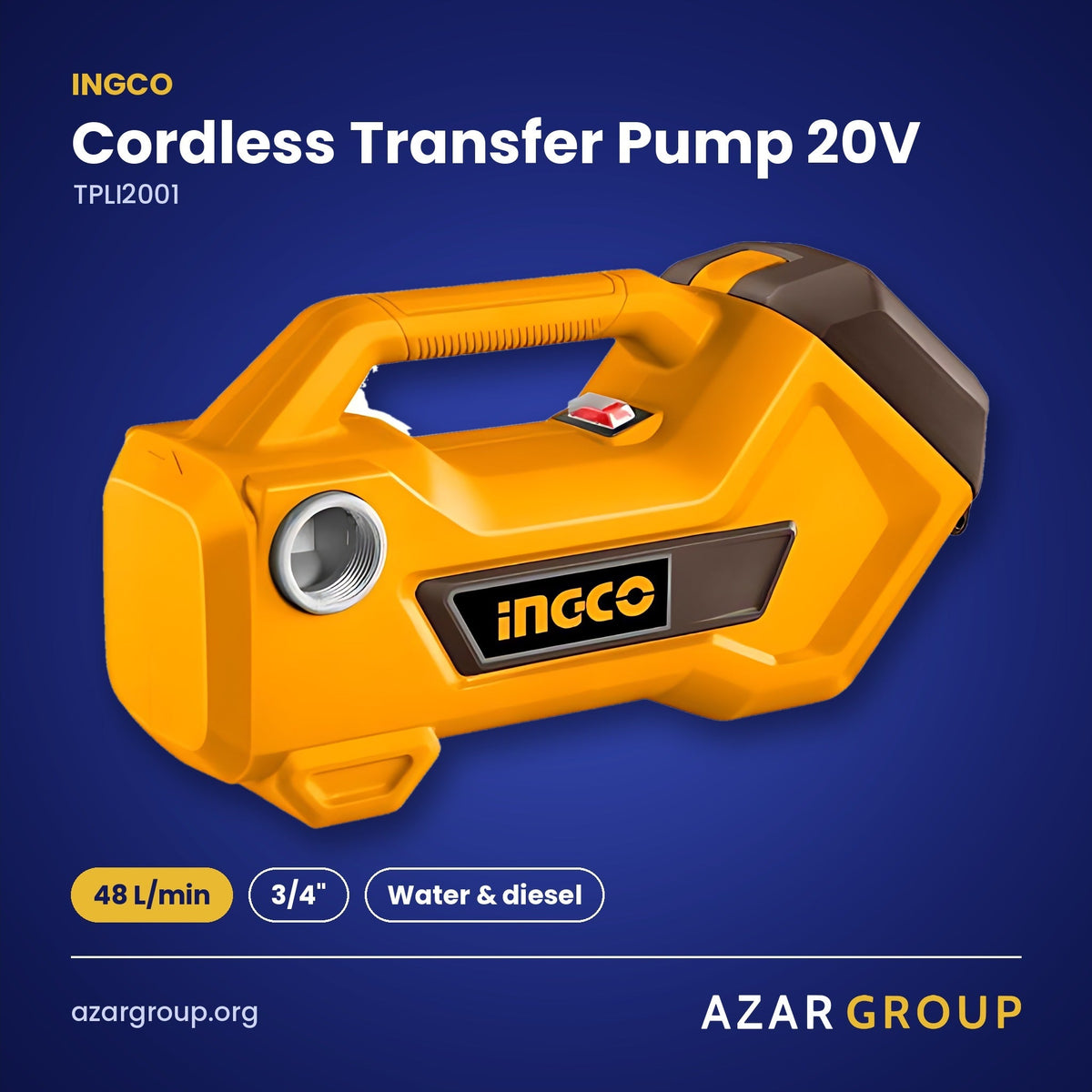 INGCO TPLI2001 Cordless Transfer Pump 20V – 48 L/min, 3/4", Water & diesel