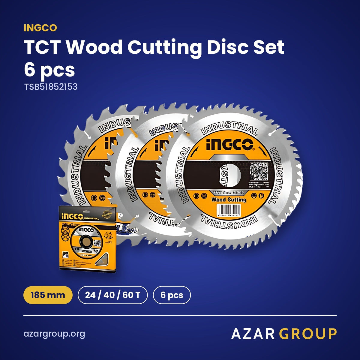 INGCO TSB51852153 TCT Wood Cutting Disc Set 6 pcs – 185 mm, 24 / 40 / 60 T, 6 pcs