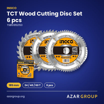 INGCO TSB51852153 TCT Wood Cutting Disc Set 6 pcs – 185 mm, 24 / 40 / 60 T, 6 pcs