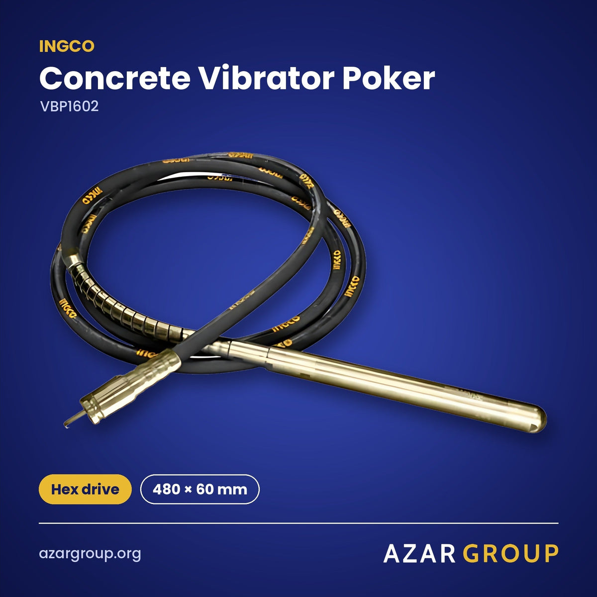 INGCO VBP1602 Concrete Vibrator Poker – Hex drive, 480 × 60 mm